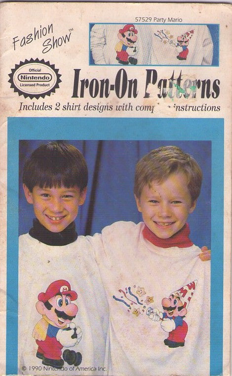 Nintendo 57529 Vintage 90's Iron On Pattern, Official Nintendo Party Mario 2 GAMER Outline Shirt Designs to Paint or Embroider