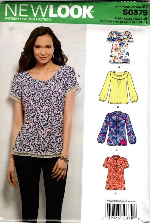New Look 6395 0379 Retro 2015 Sewing Pattern Pullover Blouse, Peasant Tops, Gypsy Boho Styles Size 10-22