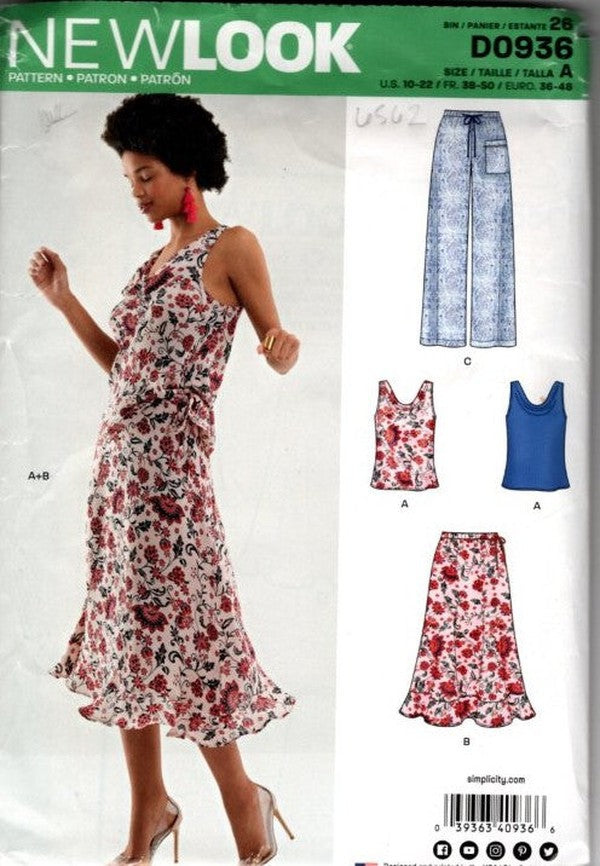 New Look 6562 0936 Retro 2018 Sewing Pattern Summer Separates, Drawstring Lounge Pants, Tank Top, Cowl Blouse, Flounce Skirt Size 10-22