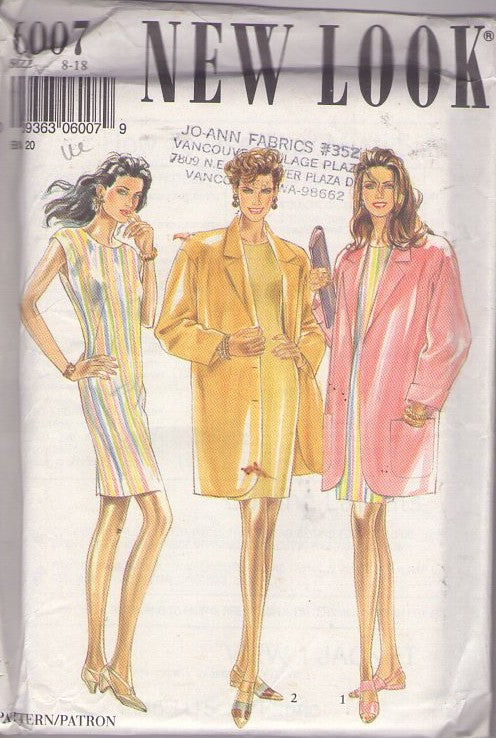 New Look 6007 Vintage 90's Sewing Pattern Secretary Separates, Cap Sleeve Sheath Dress, Oversized Coat, Jacket 2 Styles Size 8-18