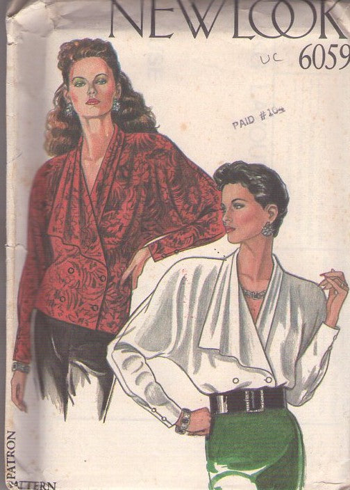 New Look 6059 Vintage 80's Sewing Pattern Career Blouse Set, Evening Slinky Front Wrap & Button Draped Batwing Dolman Sleeve Blouse Size 8-18