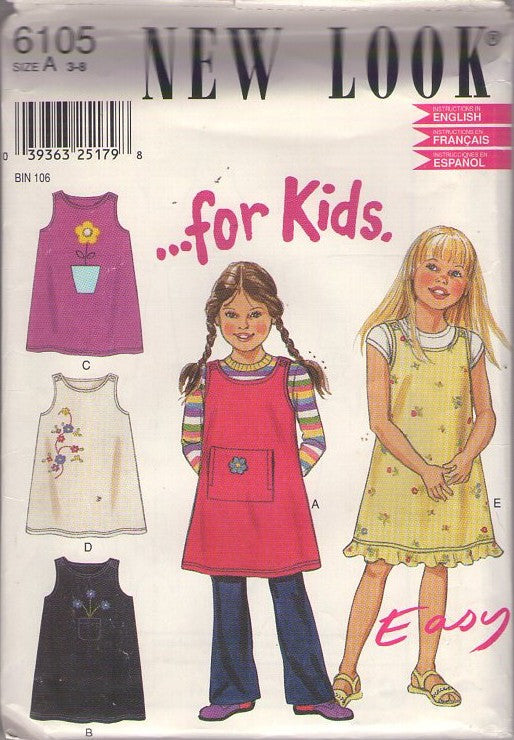 New Look 6105 Retro 2000s Sewing Pattern Girl's Dress, Top, For Kids, Pullover Flared Tunic or Sun Dress, Jumper with Ruffle, Pocket, Flower Trim Size 3-8