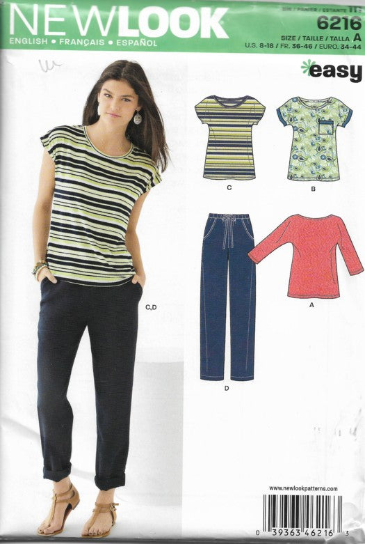 New Look 6216 Retro 2013 Sewing Pattern Easy Pullover T-Shirt Tops, Shirt, Drawstring Pants Size 8-18