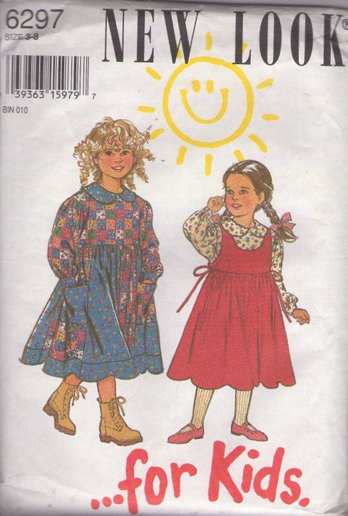 New Look 6297 Retro 90's Sewing Pattern Girl's Dress, Farmcore Modest Length Flared Pocket Dress, Blouse & Jumper Size 3-8