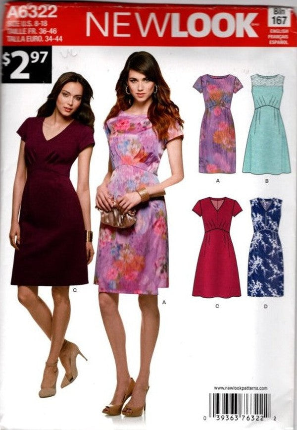 New Look 6322 Retro 2004 Sewing Pattern Cocktail Party Dress Set, Curved Waistline, 4 Styles Size 8-18