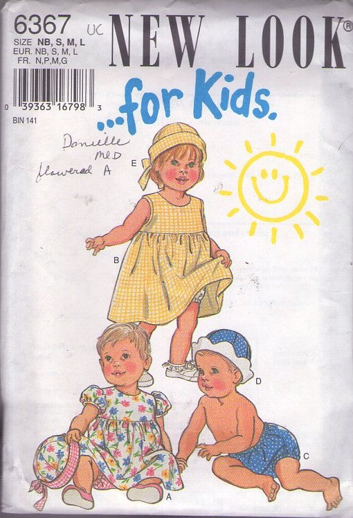 New Look 6367 Retro 90's Sewing Pattern Baby Clothes, Summer Yoked Dress, Diaper Cover, Shaped Brim Sun Hats Size NB-L