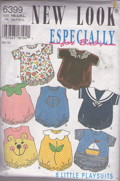 New Look 6399 Retro 90's Sewing Pattern Playsuits, Especially for Baby Boys & Girl's Snap Crotch Bubble Romper, Playsuit, 8 Little Playsuits Size NB-L