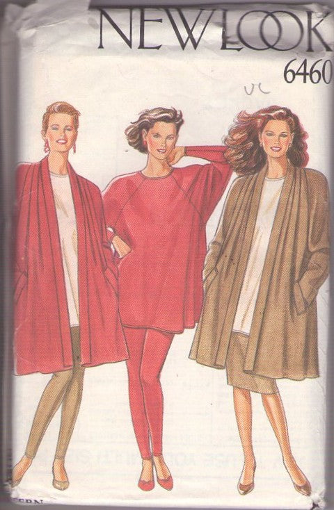 New Look 6460 Vintage 80's Sewing Pattern Oversized Flared Tunic Top Shirt, Shawl Collar Swing Back Jacket, Coat, Skirt, Leggings Size 8-18