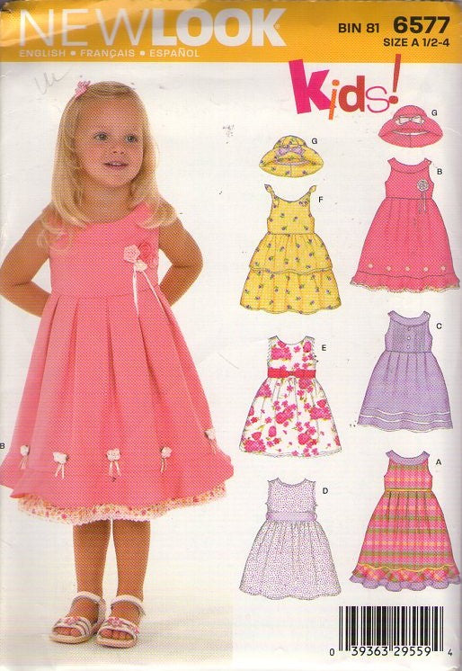 New Look 6577 Retro 2006 Sewing Pattern Girl's Dresses, Kids!, Summer Party Dress, Sundress & Brim Hat Size 1/2-4
