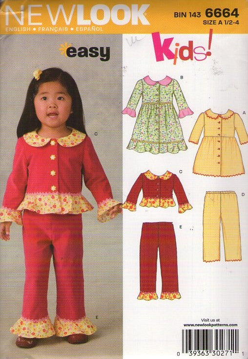 New Look 6664 Retro 2006 Sewing Pattern Girl's Pantsuit, Jacket Top Blouse, Pants, School Dress with Front Buttons Size 1/2-4
