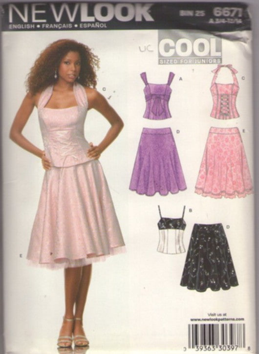 New Look 6671 Retro 2007 Sewing Pattern Party Dress Separates, JUNIORS 2 Piece Prom Party Dress, Halter or Strappy Corset Style Top, Flared Skirt with or without Tulle Size 3/4-13/14
