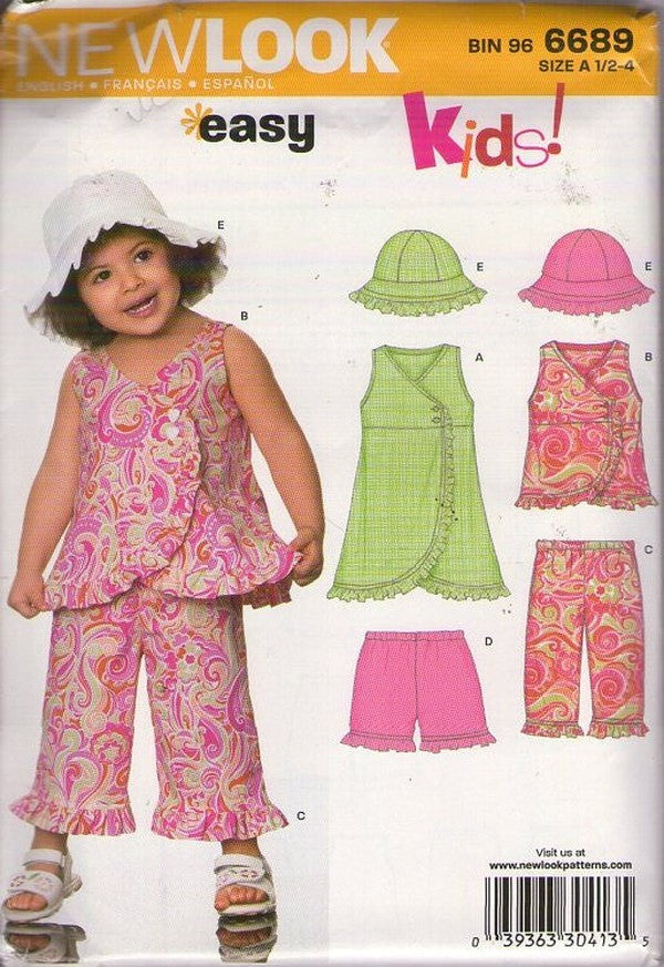 New Look 6689 Retro 2007 Sewing Pattern Girl's Dresses, Easy To Sew Summer Wrap Around Front Apron Top, Sun Blouse, Shorts, Capri Pants, Bucket Hat Size 1/2-4