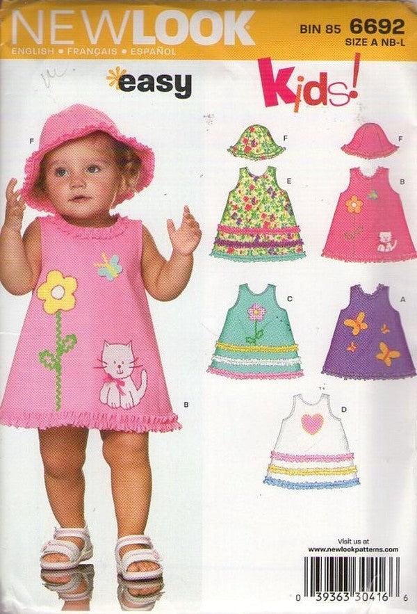 New Look 6692 Retro 2007 Sewing Pattern Girl's Dresses, Easy To Sew Short Flared Summer Sun Dress with Ruffles, Appliques, Bucket Sun Hat Size NB-L