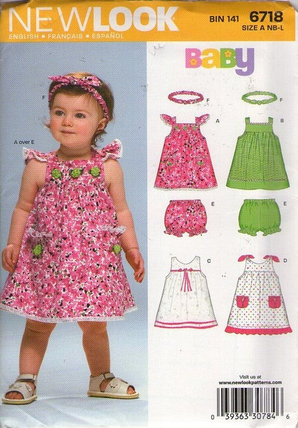 New Look 6718 Retro 2007 Sewing Pattern Girl's Dress Set, Gathered & Flared Sundress, Summer Sun Dress & Bloomers Panties Shorts Size NB-L