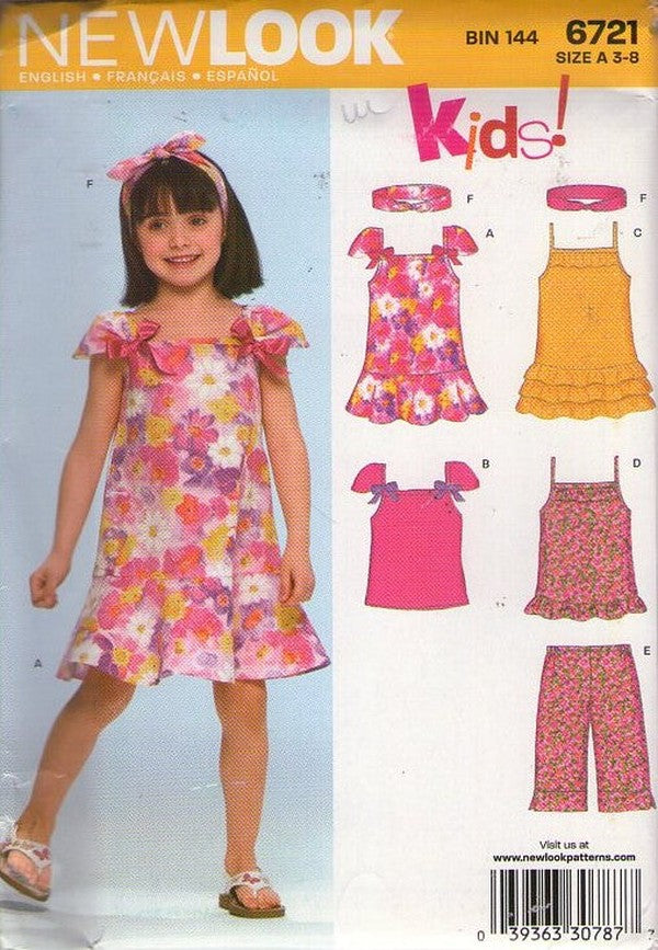 New Look 6721 Retro 2007 Sewing Pattern Girl's Tops, Dress Set, Strappy Summer Sun Top, Cap Sleeve Open Underarm Drop Waist Dress, Capri Pants, Headband Sash Size 3-8