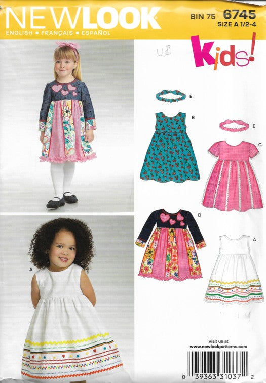 New Look 6745 Retro 2007 Sewing Pattern Girl's Party Dress, High Waist, Modest Summer Styles, Headband Size 1/2-4