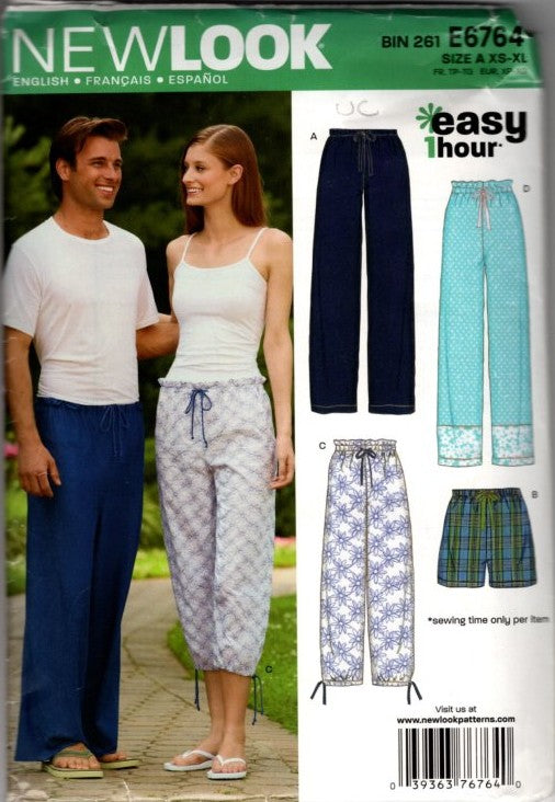 New Look 6764 Retro 2007 Sewing Pattern Easy 1 Hour Unisex Pajamas Pants, Boxer Shorts, Capri Lounge Pants Size XS-XL