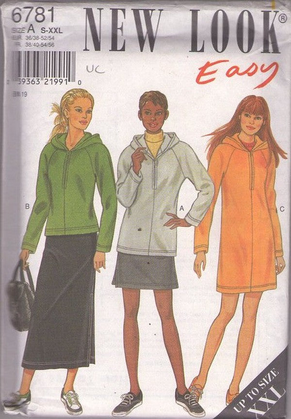 New Look 6781 Vintage 90's Sewing Pattern Easy Hoodie Jacket, Hooded Fleece Dress, Mini and Midi Skirt Size S-XXL