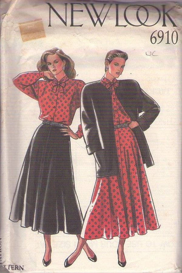 New Look 6910 Vintage 90's Sewing Pattern Tie Collar Blouse, Flared Skirt, Cardigan Batwing Jacket Size 8-18