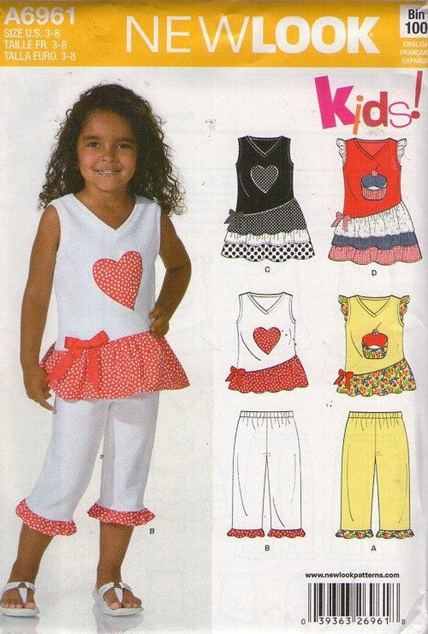New Look 6961 Retro 2012 Sewing Pattern Girl's Separates, Asymmetric Skirted Hem V Neck Top, Party Dress, Ruffled Capri Pants Size 3-8