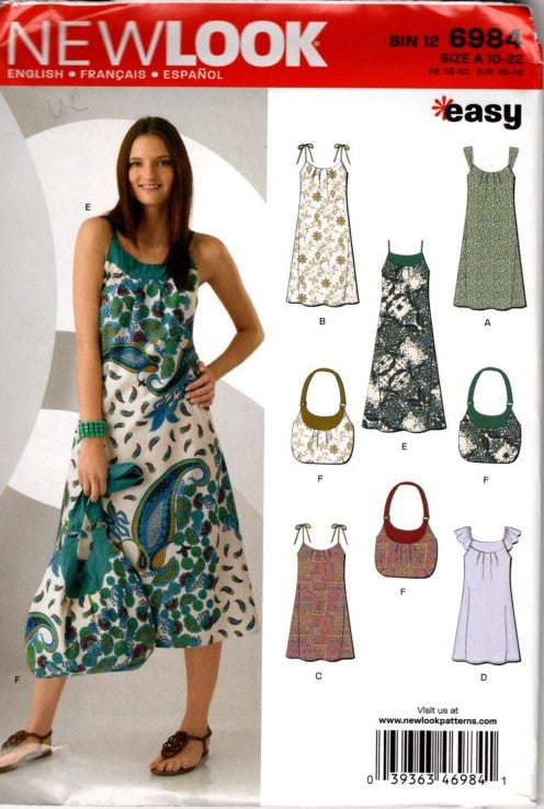 New Look 6984 Retro 2010 Sewing Pattern Easy Summer Sack Sun Dress, Tunic Top Shirt, Shoulder Bag Purse Size 10-22