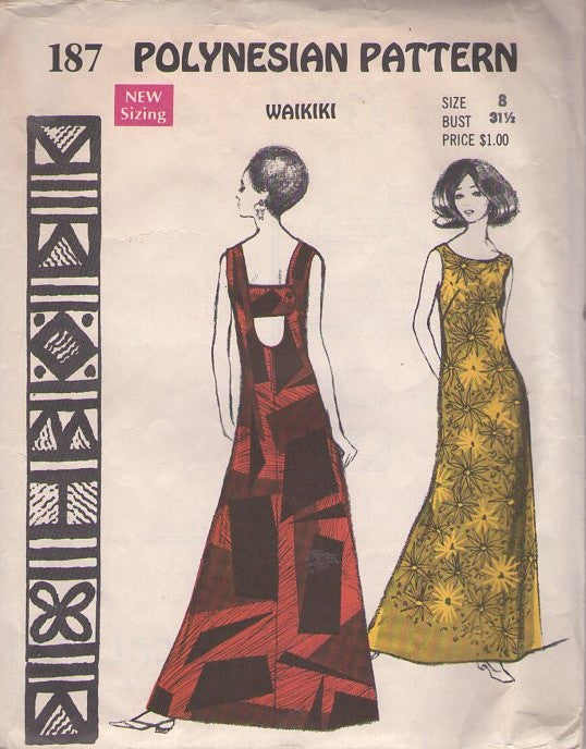 Polynesian Pattern 187 Vintage 60's Sewing Pattern Waikiki Dress, Hawaiian Buttoned Back Strap Hostess Gown, Maxi Dress with Bikini Panties Size 8
