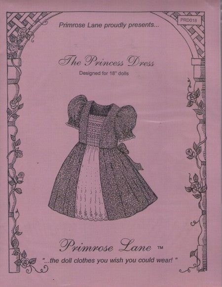 Primrose Lane PRD018 Retro 90's Sewing Pattern Doll Clothes, The Princess Dress, Dirndl 18 and American Girl Style Doll Dress with Inset"