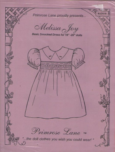 Primrose Lane MJD018 Retro 90's Sewing Pattern Doll Clothes, Melissa Joy, Basic Smocked Dress for 18 and 20" American Girl Style Dolls"
