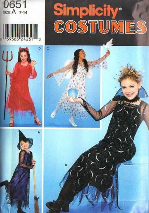 Simplicity 9310 Retro 2000 Sewing Pattern Cosplay Costumes, Girl's Halloween Costume Devil, Angel, Witch, Sorceress Dress, Hat, Wings, Slip Size 7-14