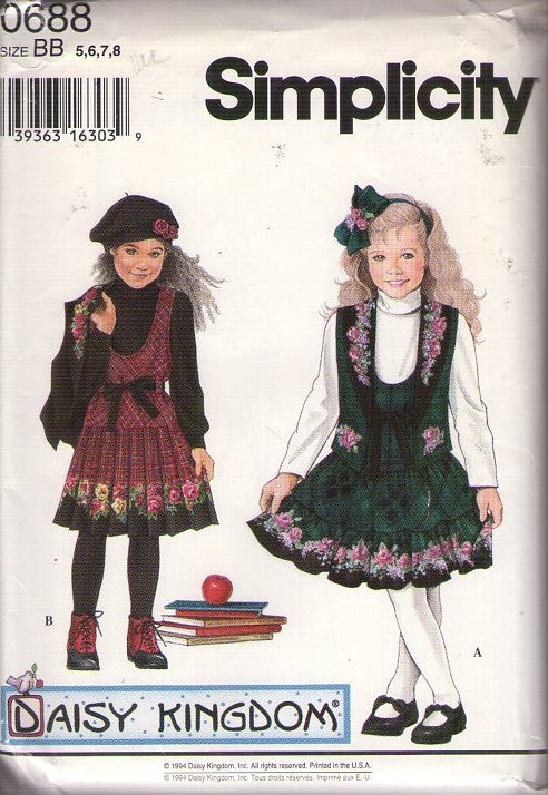 Simplicity 9167 0688 Retro 90's Sewing Pattern Girl's Jumper, Daisy Kingdom, Deep Scoop Neck, Pleated or Flared School Dress & Vest Size 5-8