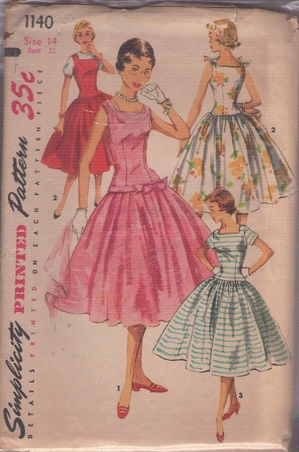 Simplicity 1140 Vintage 50's Sewing Pattern Rockabilly Dress, Summer Cocktail Party, Jumper, Sundress, 3 Styles Size 14