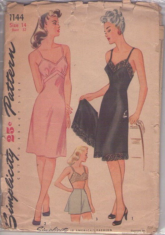 Simplicity 1144 Vintage 40's Sewing Pattern Slip, Panties, Lingerie Set, Chevron Seamed, Vanity Fair Style, Full Dress Slip, Tap Panties with Side Buttons Size 14