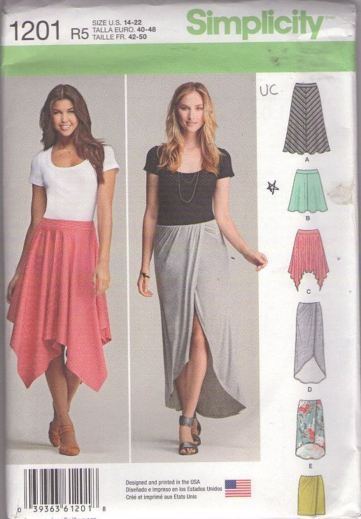Simplicity 1201 Retro 2015 Sewing Pattern Skirt Wardrobe, Faux Wrap, Handkerchief Hem, Short, Long, Asymmetric, Shark Bite Front Size 14-22