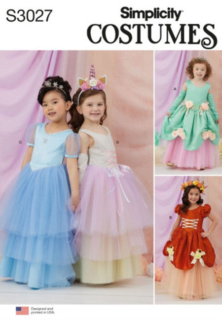 Simplicity 3027 R12160 Retro 2024 Sewing Pattern Girl's Costumes, Princess Gowns, Overskirts, Tulle & Bows, 4 Styles Size 3-8