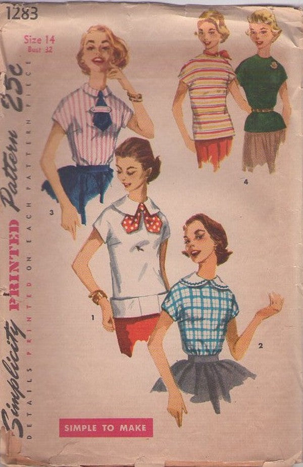 Simplicity 1283 Vintage 50's Sewing Pattern Easy Pullover Rockabilly Tops, Housewife Blouse Set, 4 Styles Size 14