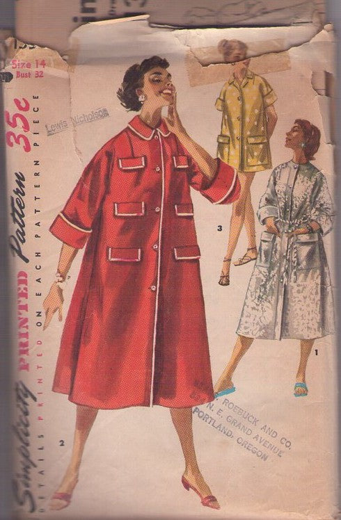 Simplicity 1350 Vintage 50's Sewing Pattern House Coat, Robe Set, Bathrobe, Beach Coat, Housewife Attire Size 14