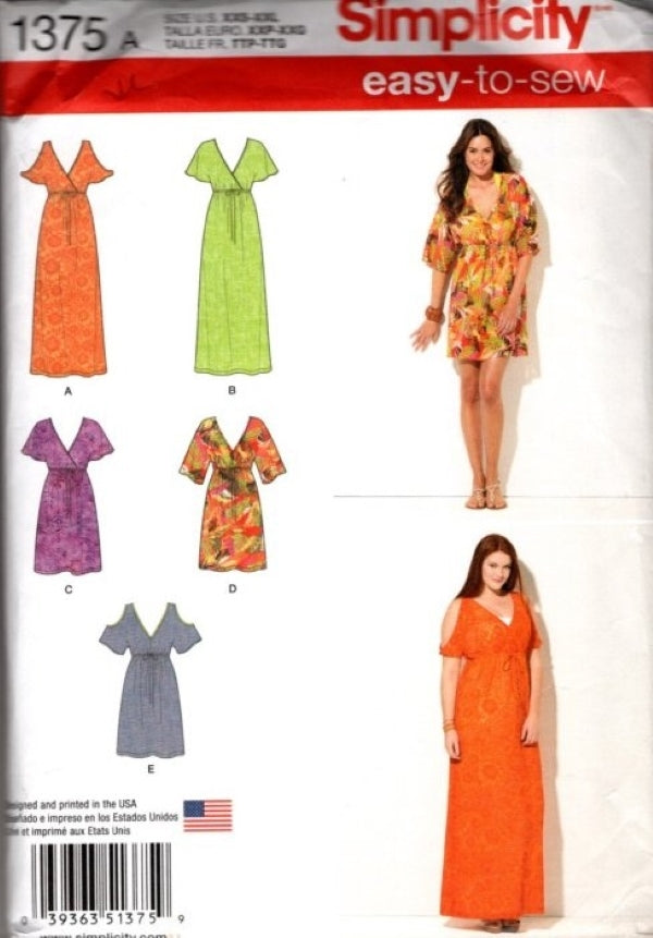 Simplicity 1375 Retro 2014 Sewing Pattern Easy to Sew Summer Dress Set, Cold Shoulder, V Neck, Short, Maxi Gown 5 Styles Size XXS-XXL