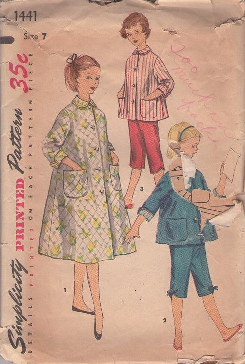 Simplicity 1441 Vintage 50's Sewing Pattern Girls' PJs & Robe, Modest Sleepwear, Capri Bottoms Pajamas, Sleep Shirt Top, Quilted Robe, Bathrobe Size 7