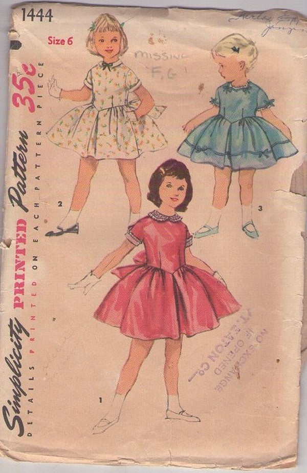 Simplicity 1444 Vintage 50's Sewing Pattern Girls' Party Dress, Bouffant Basque Waist, Pleated Skirt 3 Styles Size 6