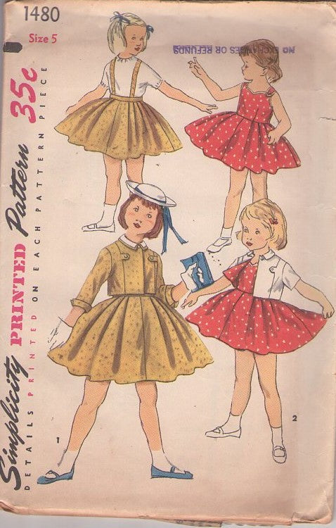 Simplicity 1480 Vintage 50's Sewing Pattern Girls' Separates, School Clothing, Summer Sun Dress, Suspender Straps Jumper, Skirt, Cropped Cover Up Jacket Size 5