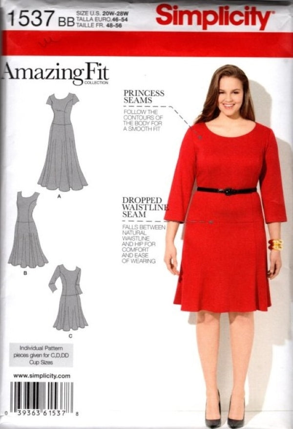 Simplicity 1537 Retro 2014 Sewing Pattern Amazing Fit Dress, Drop Waist, Scoop Neck, Full Figure Princess Seams Size 20W-28W