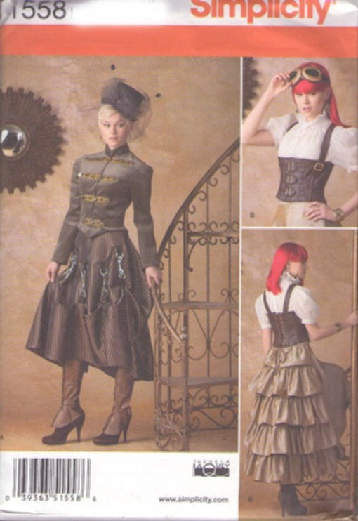 Simplicity 1558 Retro 2013 Sewing Pattern Steampunk Costumes, Theresa Laquey, Futuristic, Victorian, Underbust Corset, Militant Jacket, Flounced or Puckered Skirt, Boot Covers Size 6-12