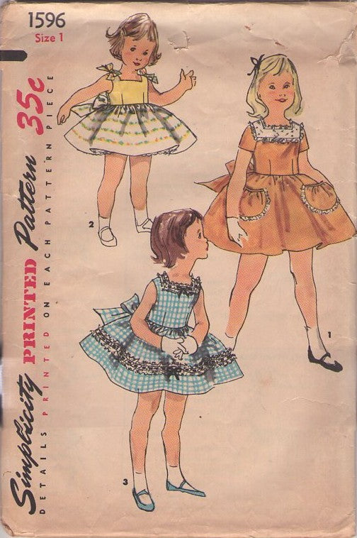 Simplicity 1596 Vintage 50's Sewing Pattern Girls' Dresses, Baby Summer Dress, Pouch Pockets, Ruffle Lace Trim, 3 Styles Size 1