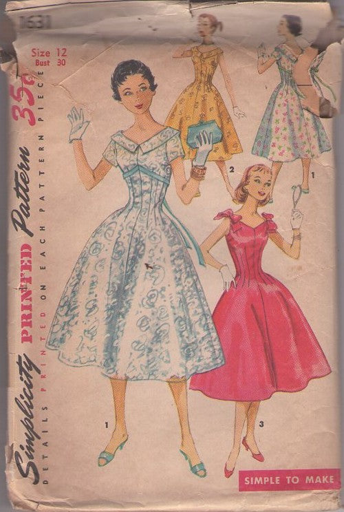 Simplicity 1631 Vintage 50's Sewing Pattern Rockabilly Dresses, Nipped Waist V Neck Flared Skirt Empire Waist Cocktail Party Dress Size 12