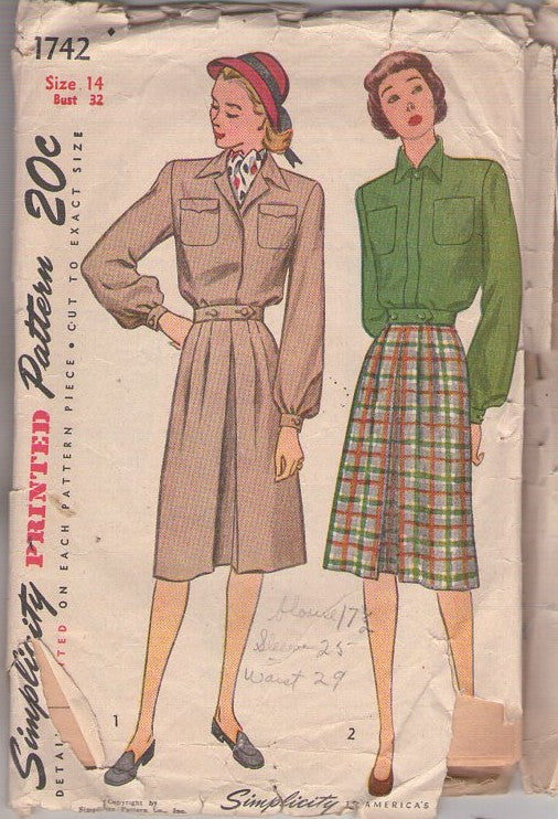 Simplicity 1742 Vintage 40's Sewing Pattern Lumber Jacket, Pleated Skirt, Jacket Top Blouse Suit, 2 Styles Size 14