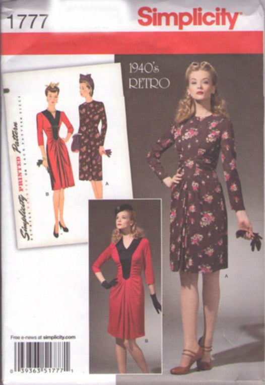 Simplicity 1777 Discontinued 2012 Sewing Pattern 1940s Dresses, Retro Repro Shirred Front WW2 Era Day Dress, Flattering Fit, 2 Styles Size 6 14
