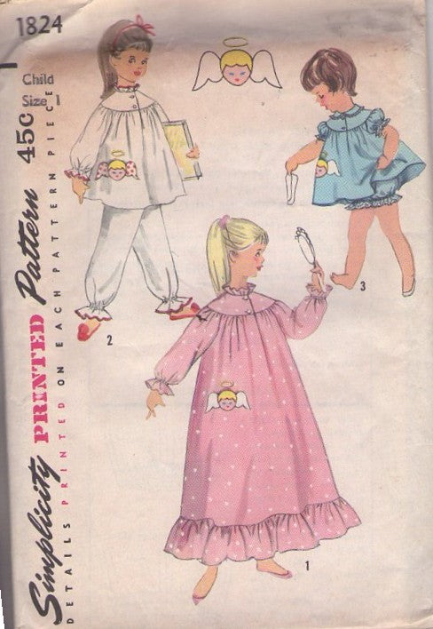 Simplicity 1824 Vintage 50's Sewing Pattern Girls' Nightgowns, Cherub Little Angel Applique Pajamas & Nightgown, Smock Top, Pants, Bloomer Panties, Gown Size 1