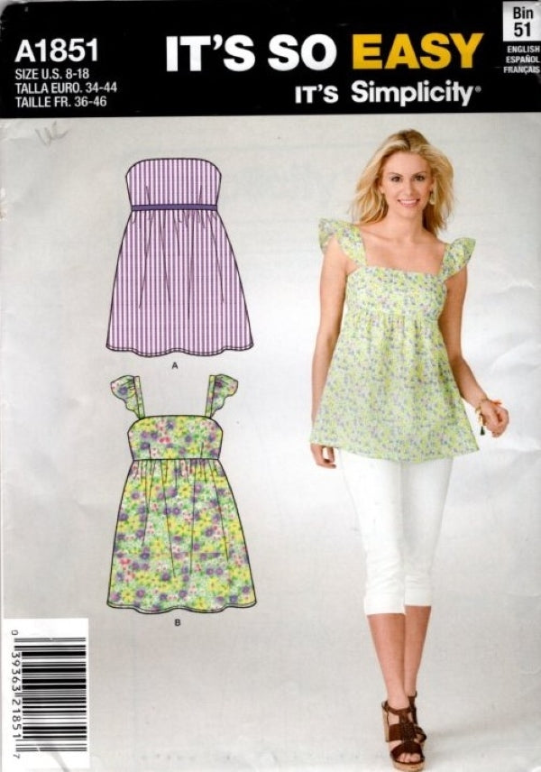 Simplicity 1851 Retro 2012 Sewing Pattern Easy Flared Summer Top, Blouse Set, Flutter Sleeve, Strapless Size 8-18