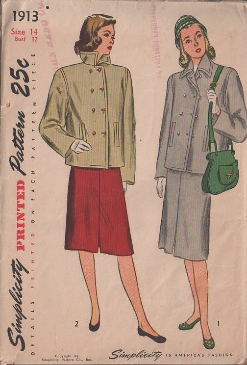 Simplicity 1913 Vintage 40's Sewing Pattern Retro Suit, Boxy Convertible Collar, Welt Pockets Double Breasted Jacket, Coat, Skirt, Suit Dress Size 14
