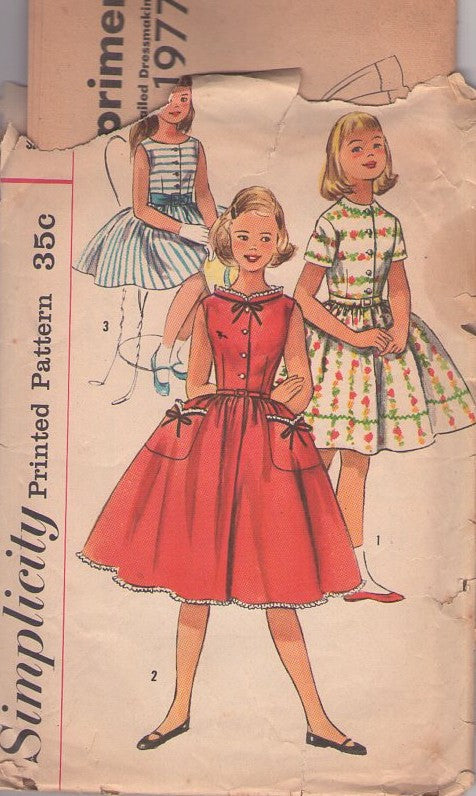 Simplicity 1977 Vintage 50's Sewing Pattern Girls' Dress Trio, Summer Shirtwaist Dresses, 3 Styles Size 10